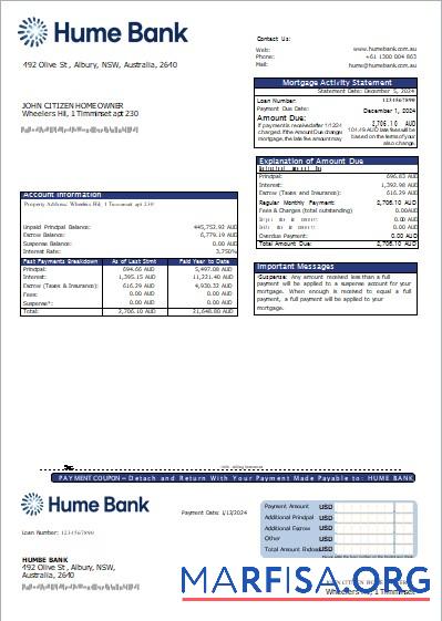 Blank Australia Humebank bank mortgage statement scr download for verification